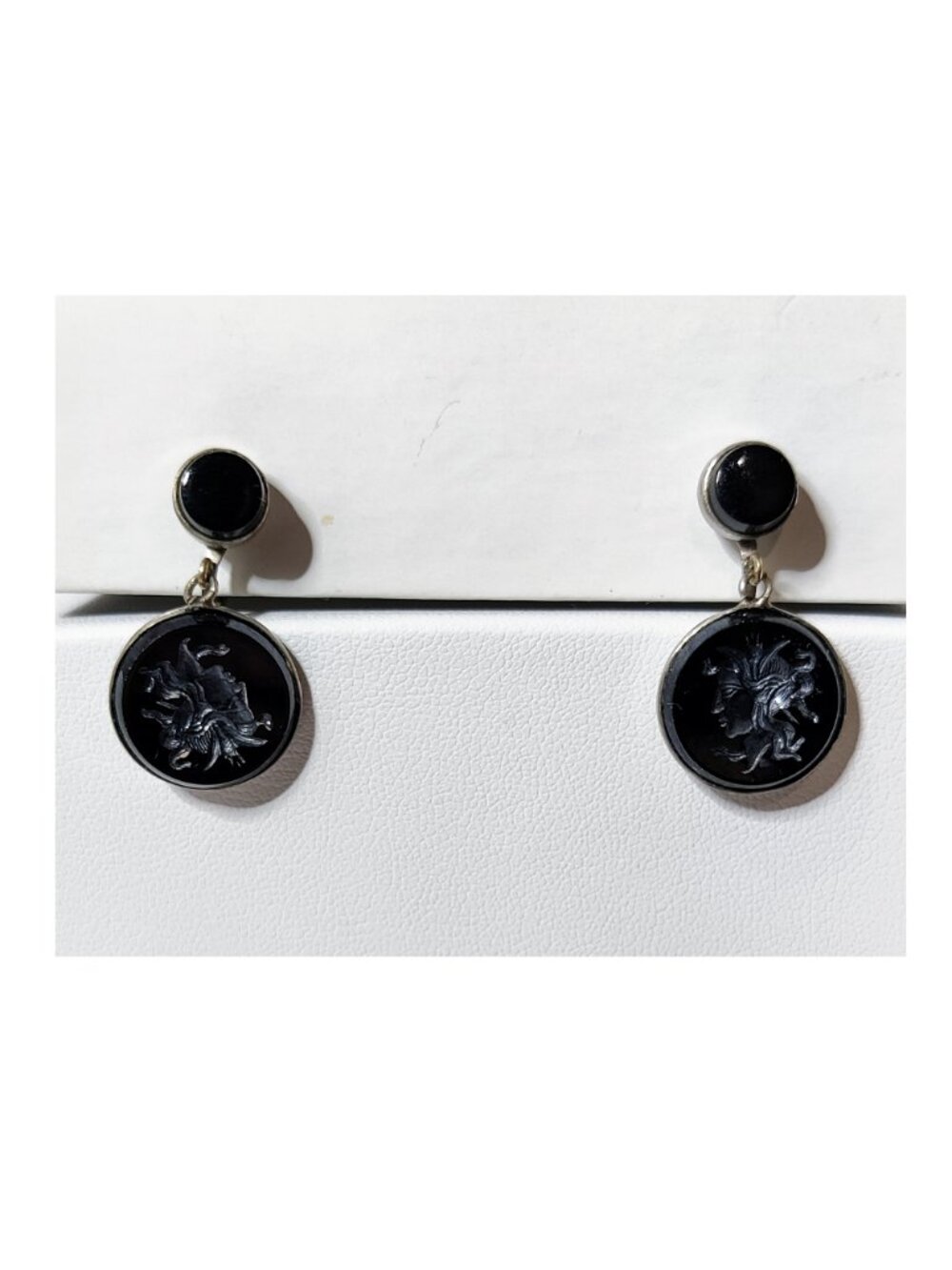Vintage Black Glass Medusa Earrings Intaglio Gothic Mourning Victorian Revival